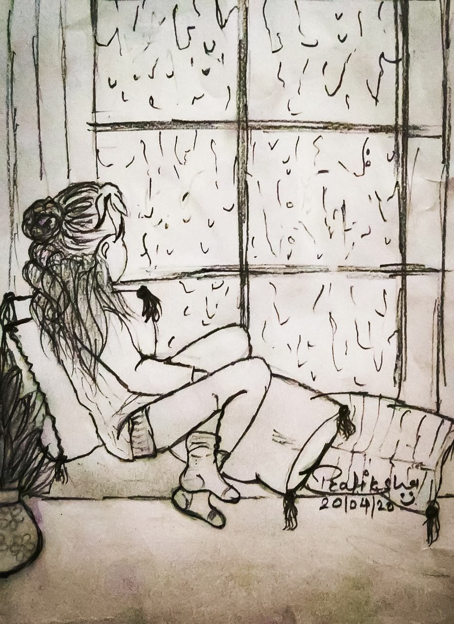 Hand-drawn rainy-window sketch by Pratiksha